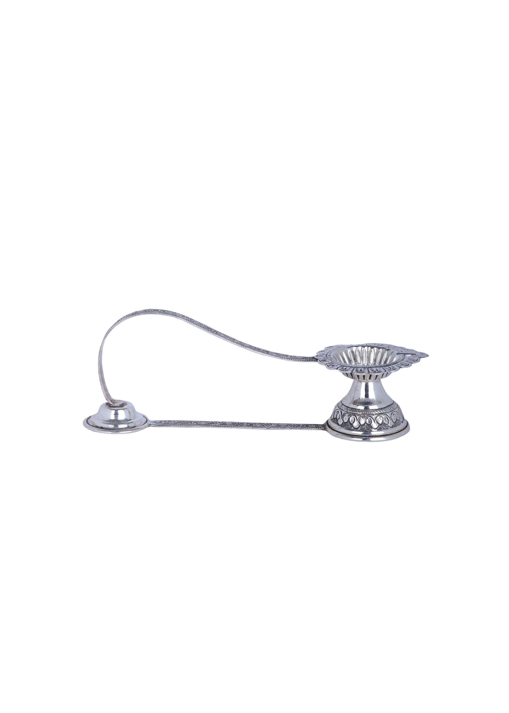 Silver candle holder with a long arm on a white background