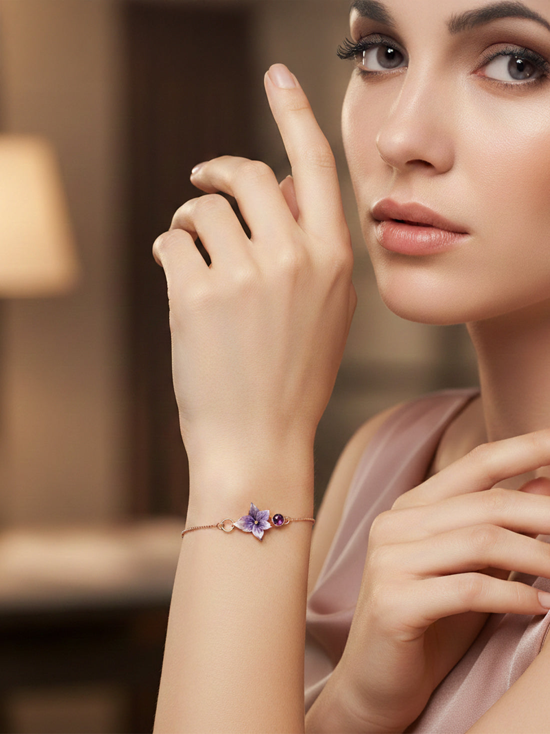 Rose Gold 925 Silver Purple Flower Bracelet - Valentine's Bloom