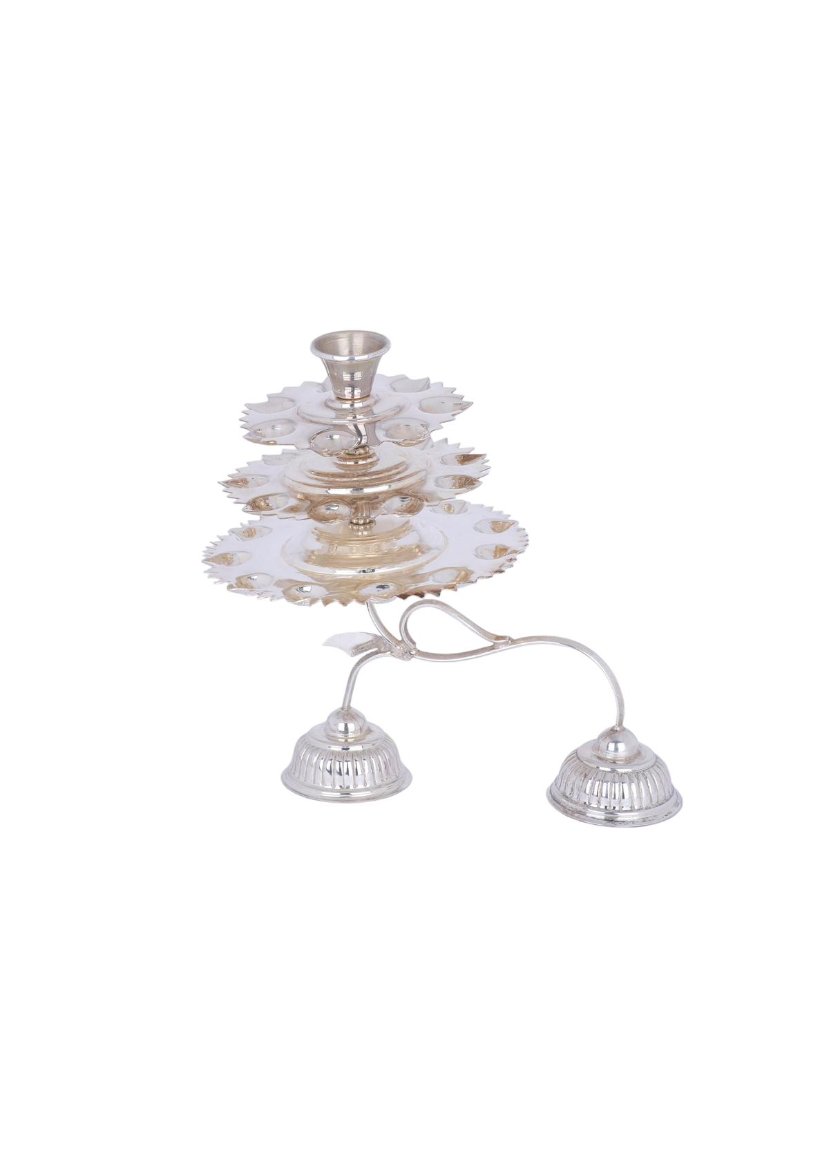Silver candle holder with three small bells on a white background