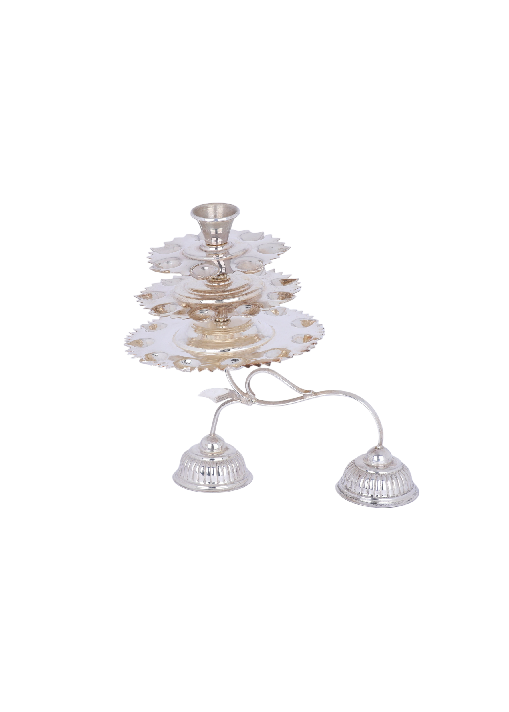 Silver candle holder with three small bells on a white background