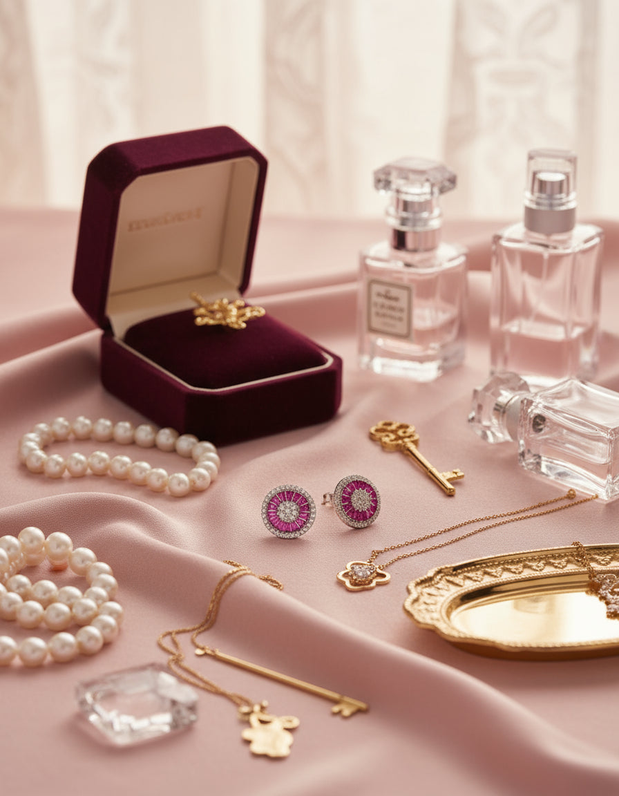 Jewelry set including pearls, earrings, and necklaces on a pink fabric background.