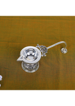 925 silver aarti bowl with curved handle and engraved pedestal base