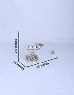 Small 925 silver aarti diya with handle and round flame bowl on ornate stand