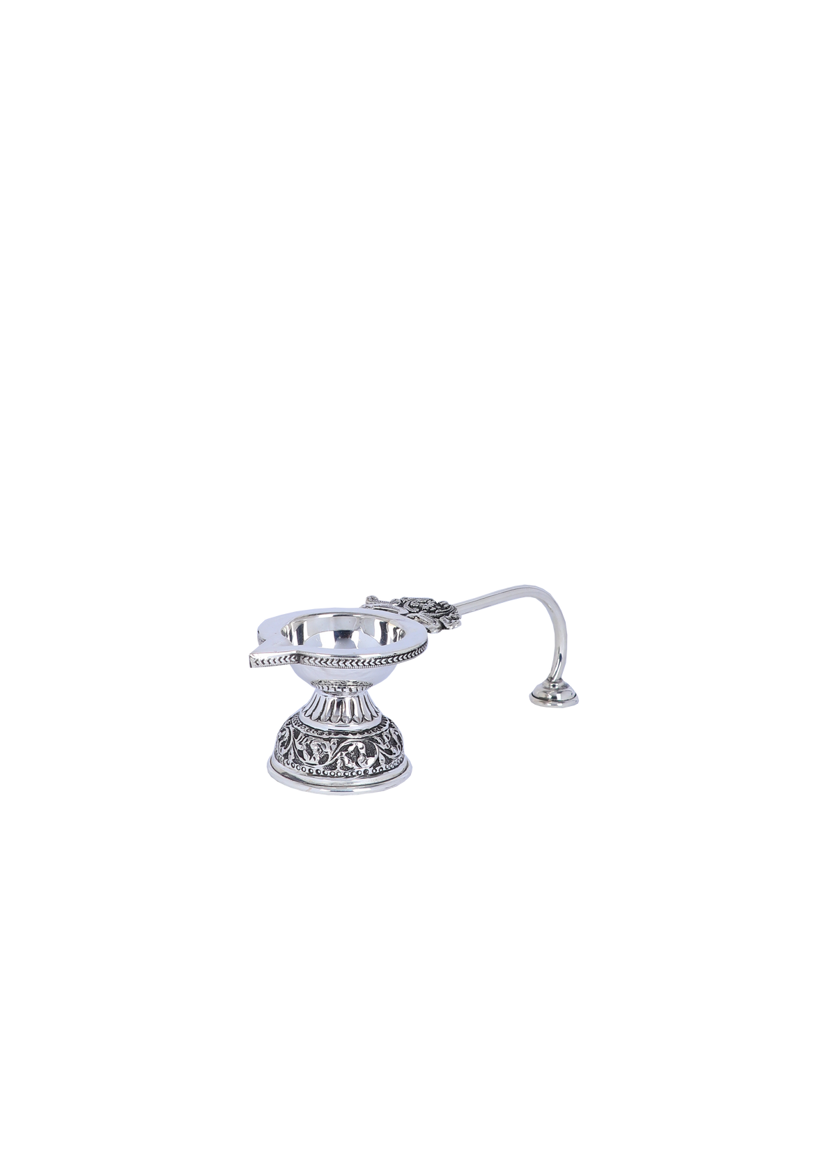 Handcrafted 925 silver ceremonial aarti diya with handle, round bowl and ornate base