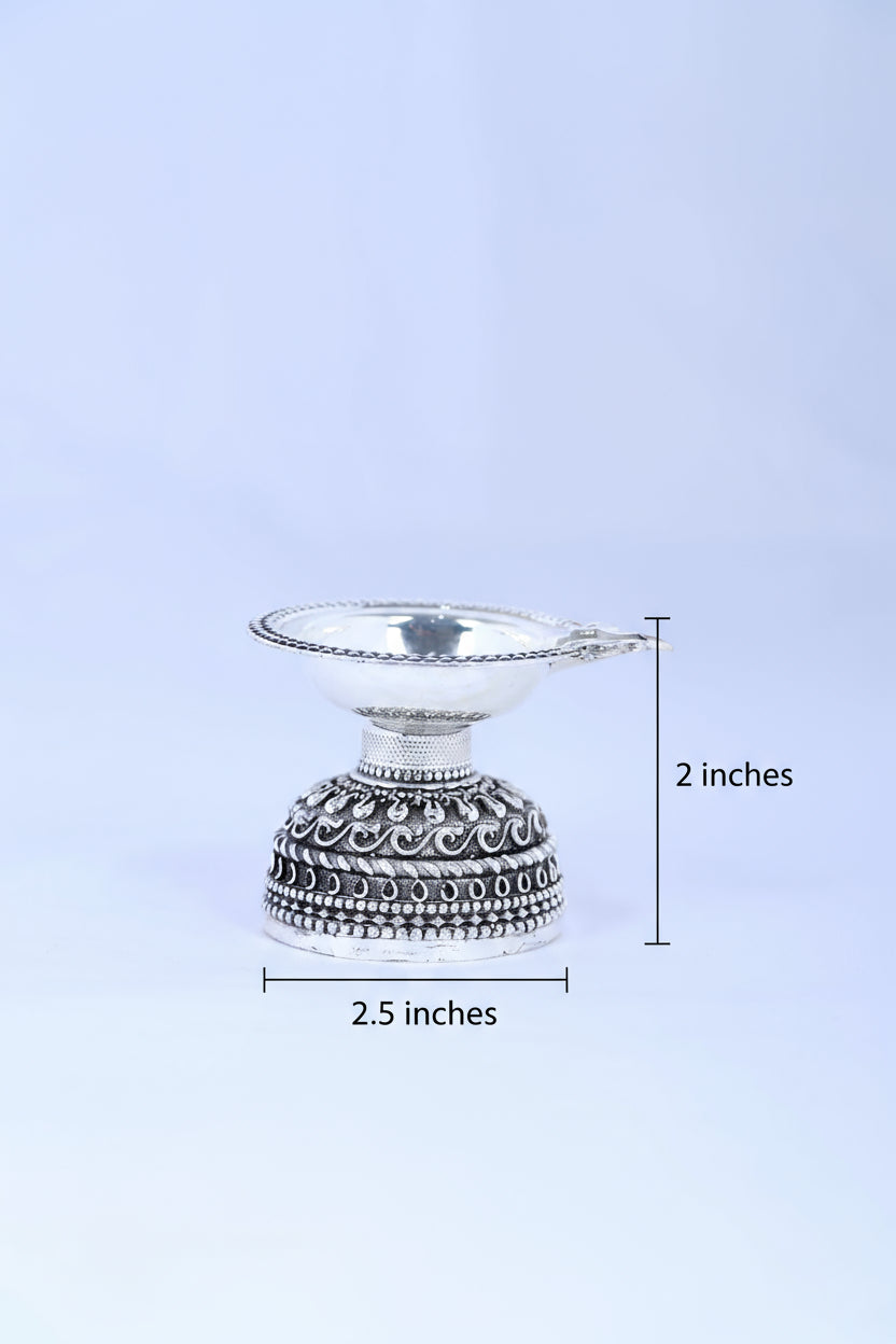 925 silver compact diya pair with ornate oxidized engravings and domed tops