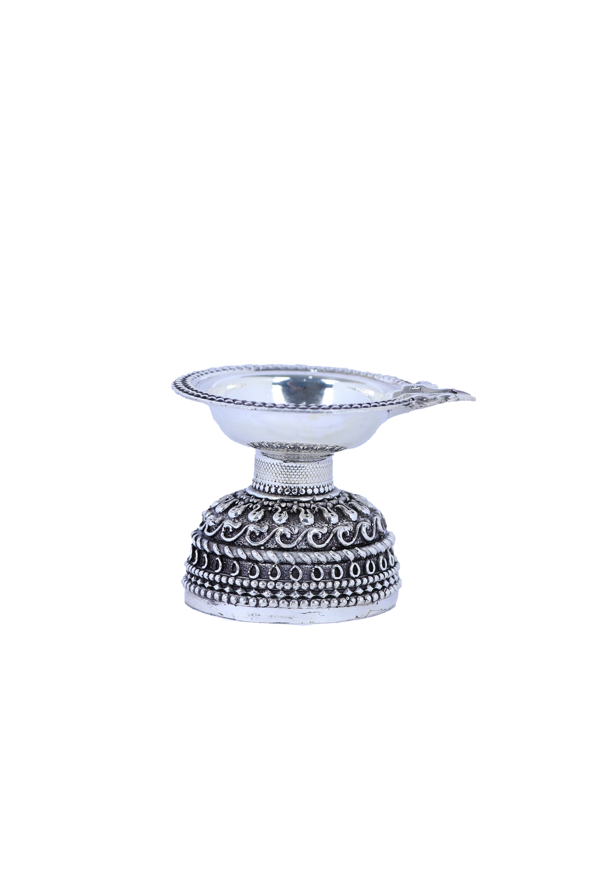 925 silver diya pair with oxidized ornamental base and reflective domed bowl tops