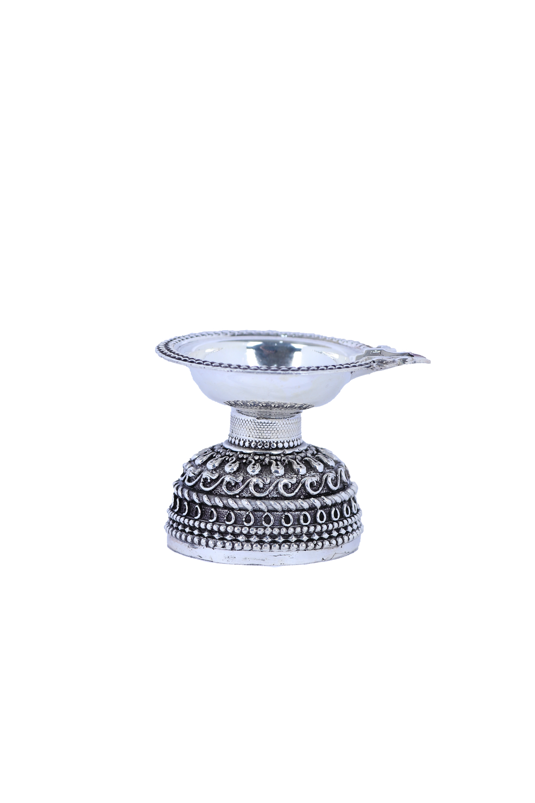 925 silver diya pair with oxidized ornamental base and reflective domed bowl tops