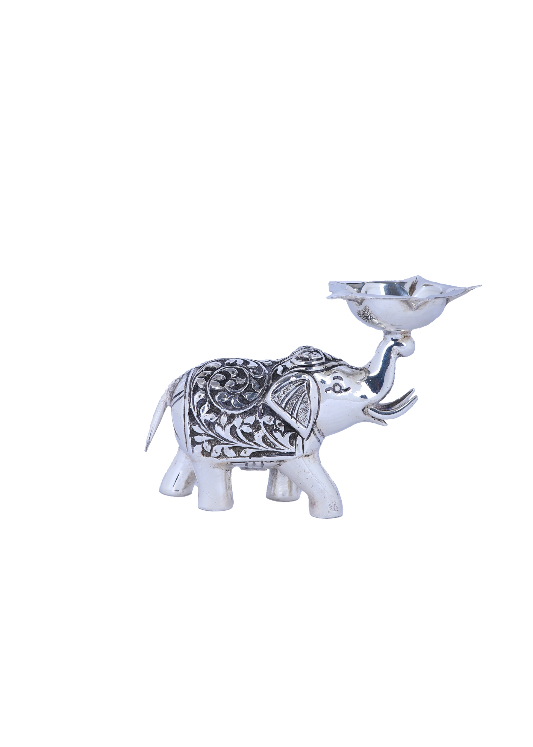 925 silver elephant diya with ornate embossed pattern and raised bowl for oil lamp