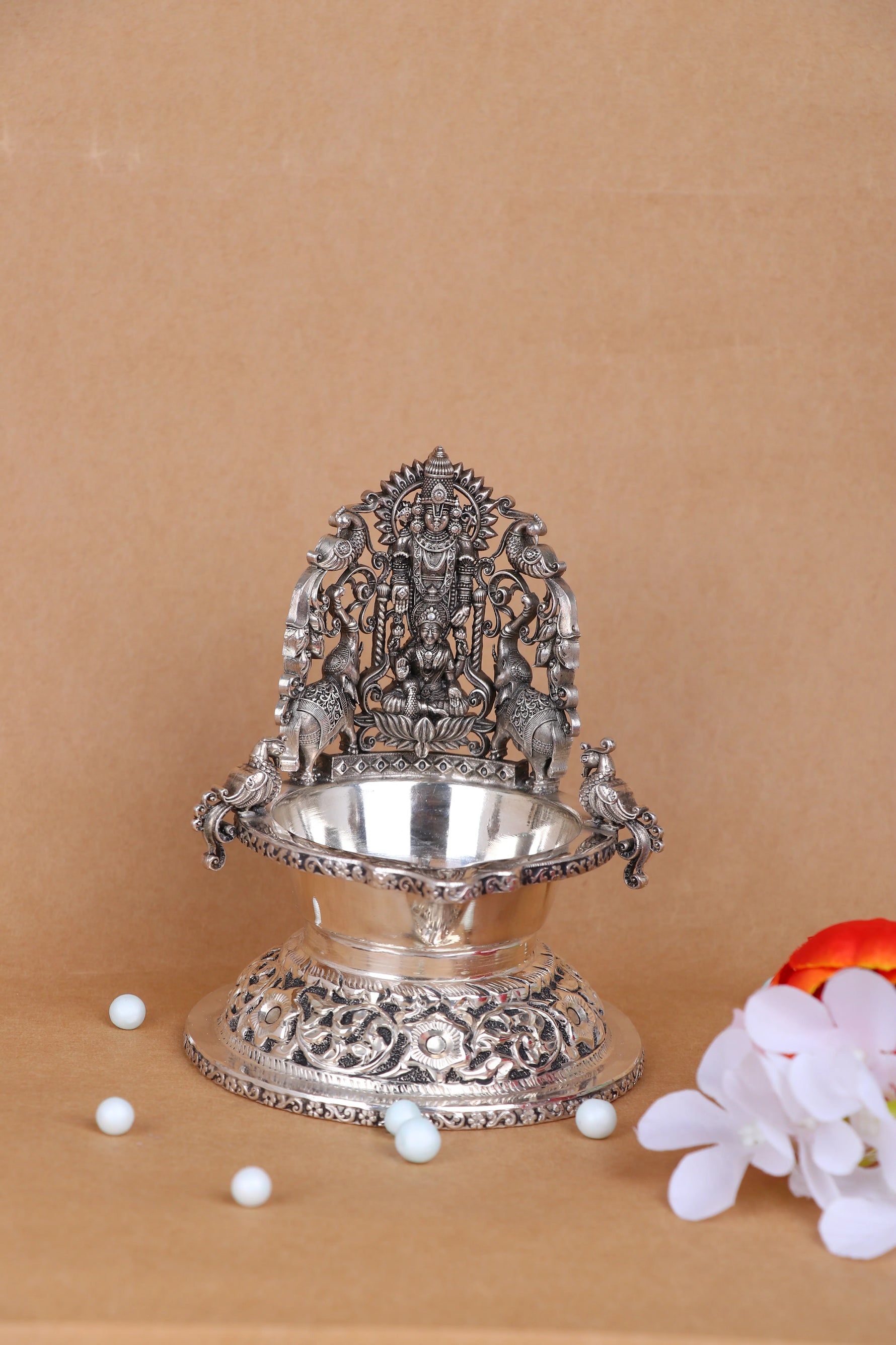 925 silver Ganesha diya lamp with engraved prabhavali and decorated base ring