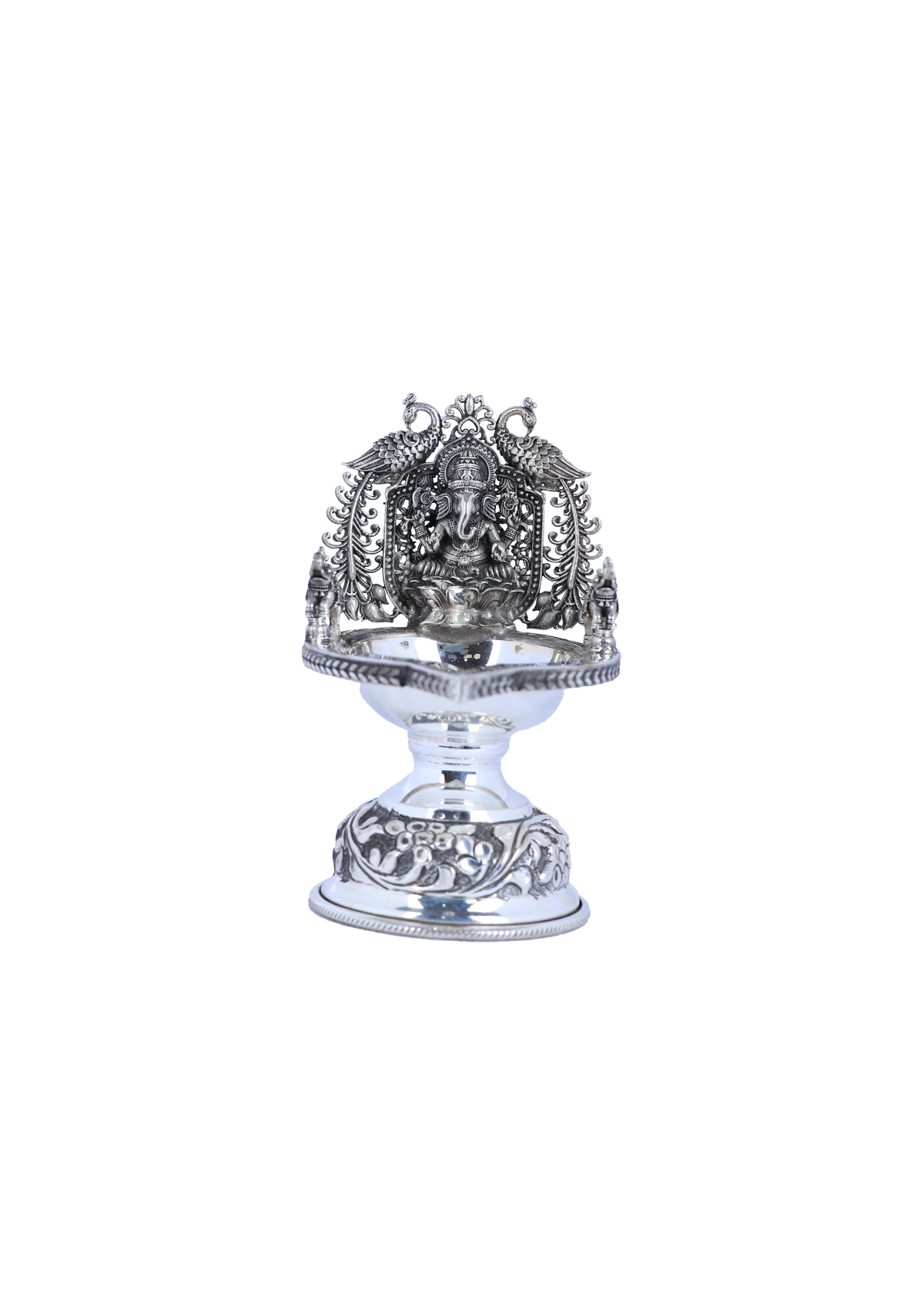925 silver Ganesha diya lamp with ornate prabhavali and round pedestal base