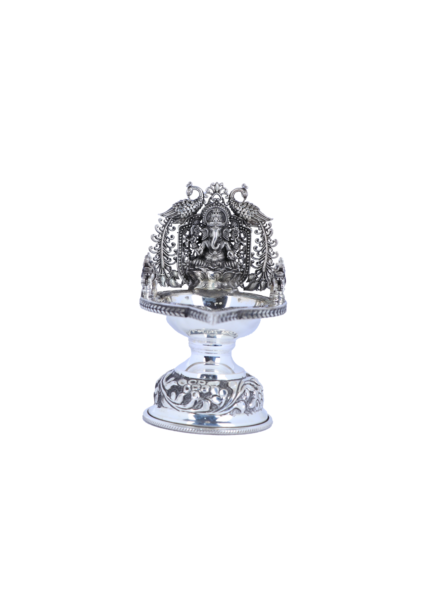925 silver Ganesha diya lamp with ornate prabhavali and round pedestal base