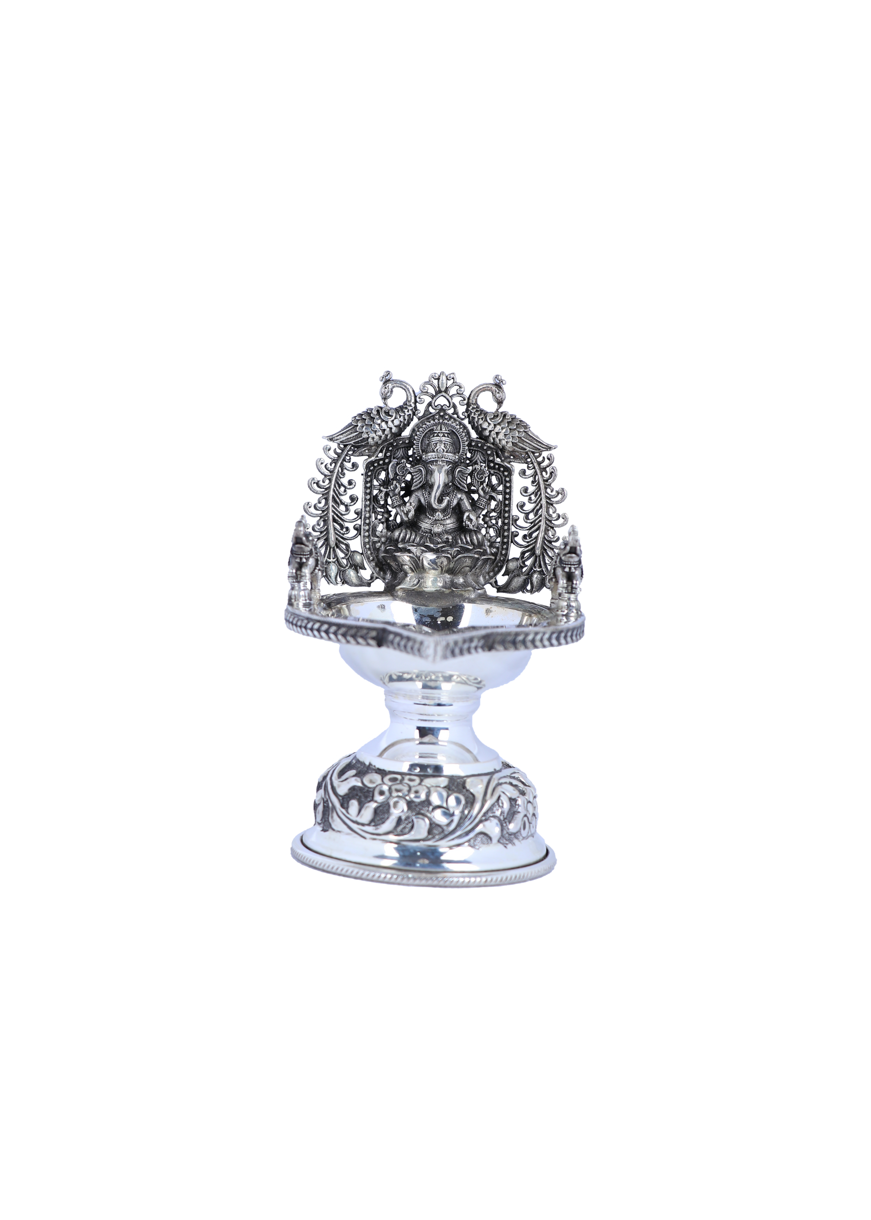 925 silver Ganesha diya lamp with ornate prabhavali and round pedestal base