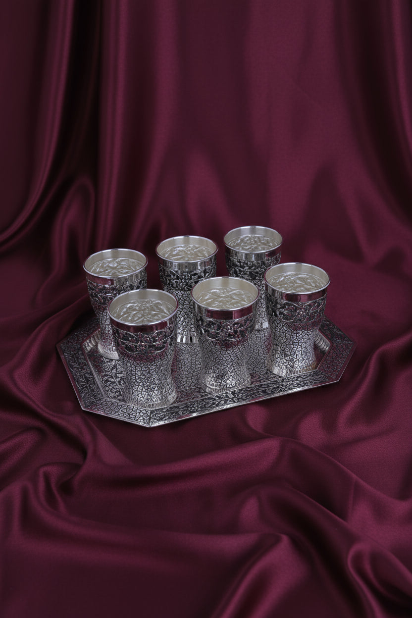 925 silver glass and tray set with six etched tumblers on an ornate tray