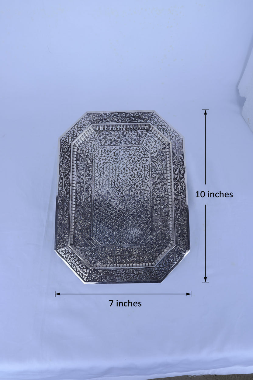Octagonal 925 silver decorative tray, 10 in tall, 7 in wide, etched texture