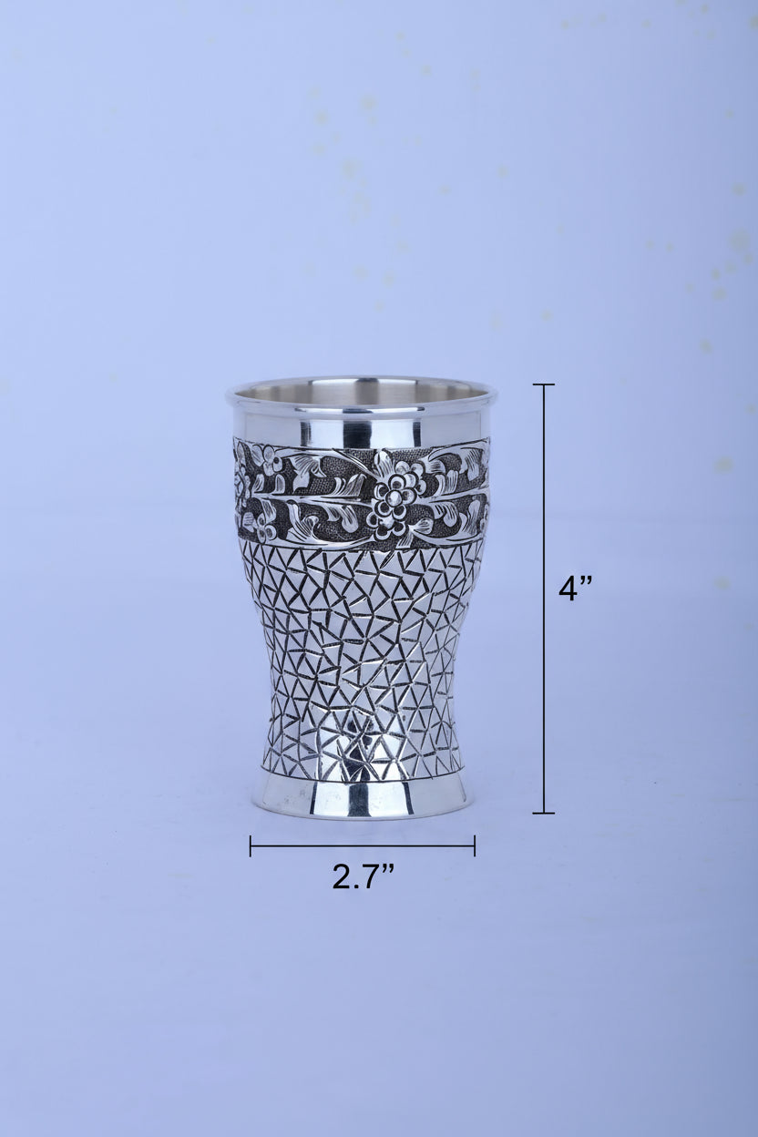 925 silver etched glass tumbler with floral band, 4 in tall