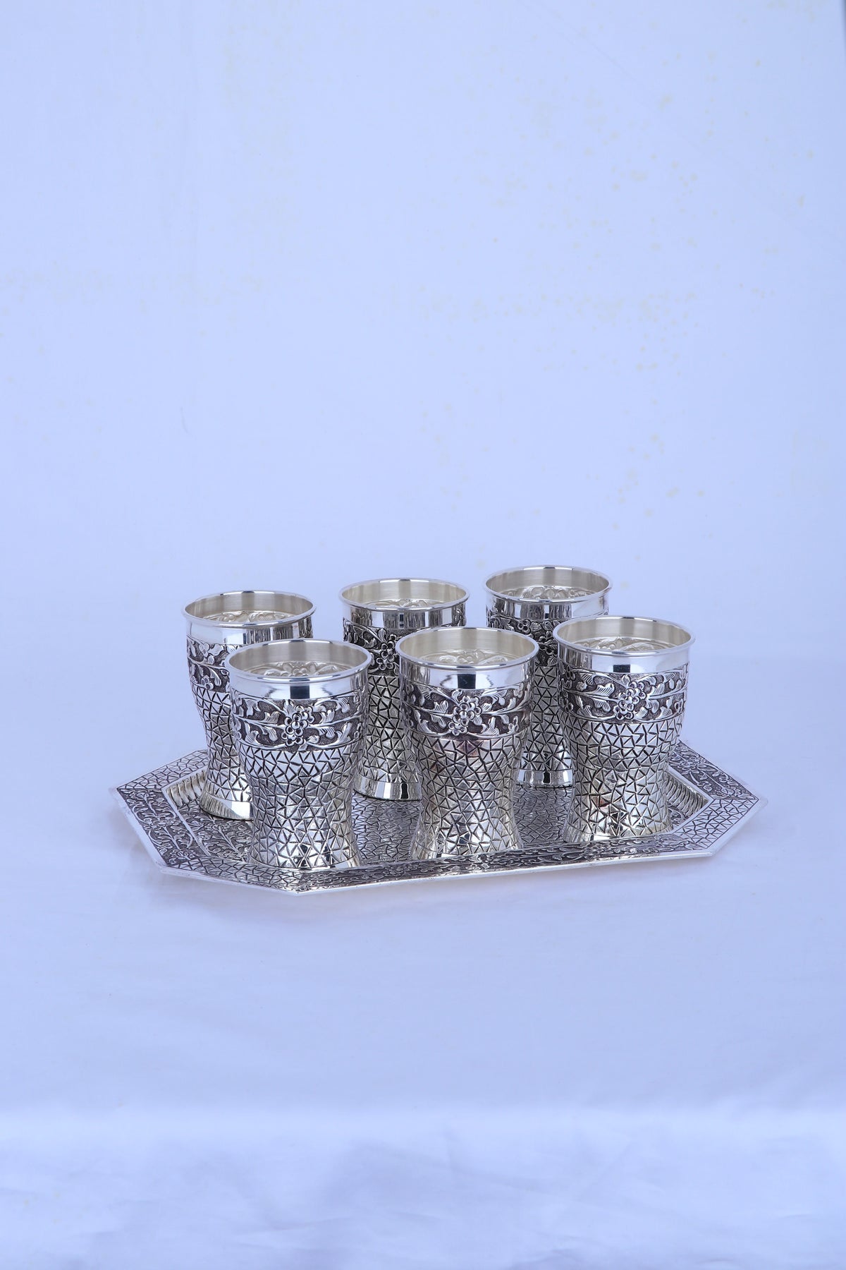 925 silver glass and tray set with six etched tumblers on a rectangular tray