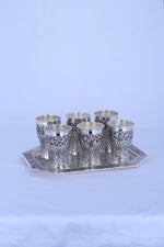925 silver glass and tray set with six etched tumblers on a rectangular tray