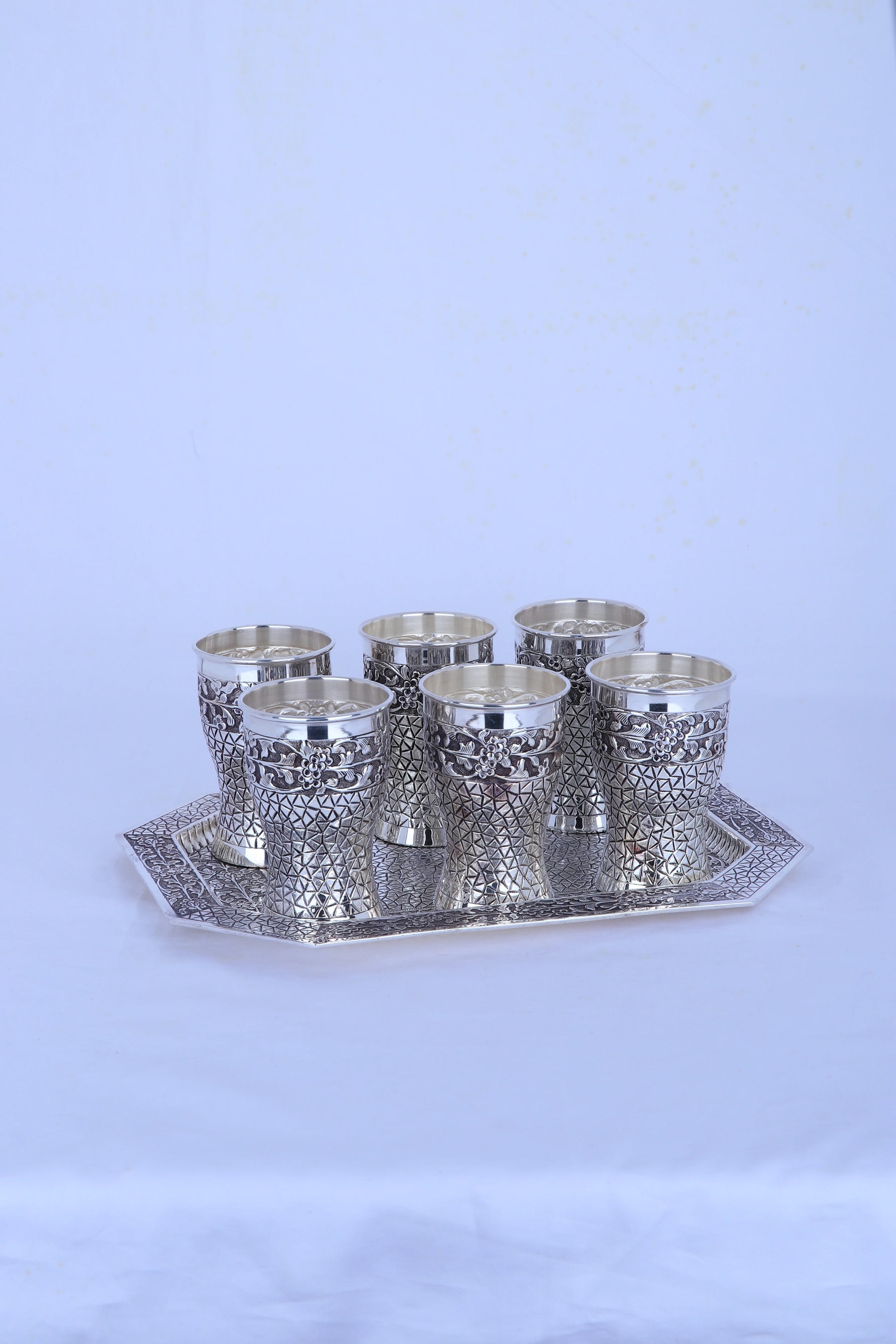 925 silver glass and tray set with six etched tumblers on a rectangular tray