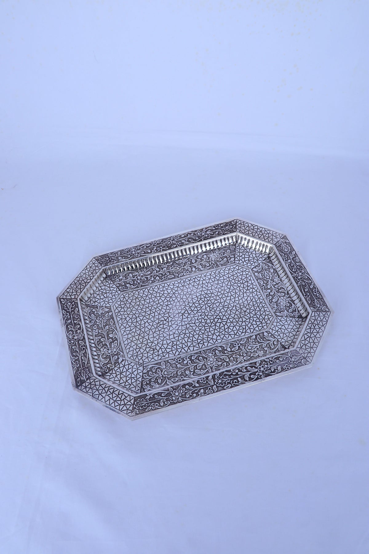 Rectangular 925 silver decorative tray with etched border and textured center