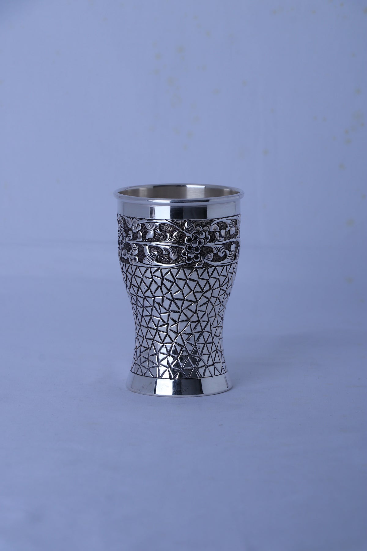 925 silver etched glass tumbler with floral medallion and diamond-pattern sides