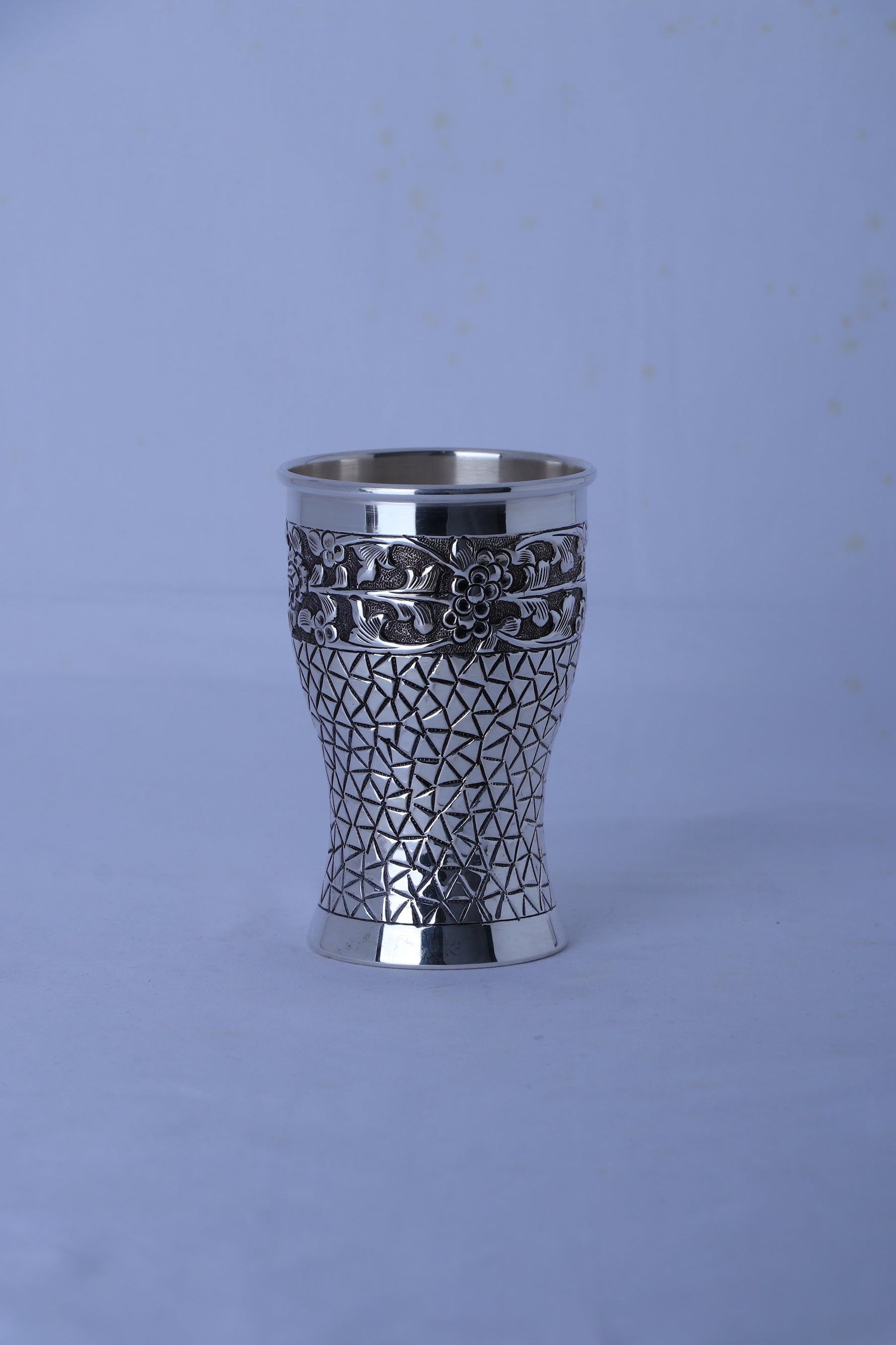 925 silver etched glass tumbler with floral medallion and diamond-pattern sides
