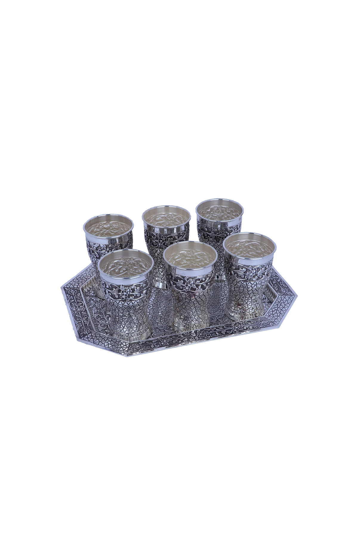 925 silver glass and tray set with six etched tumblers on a decorative tray