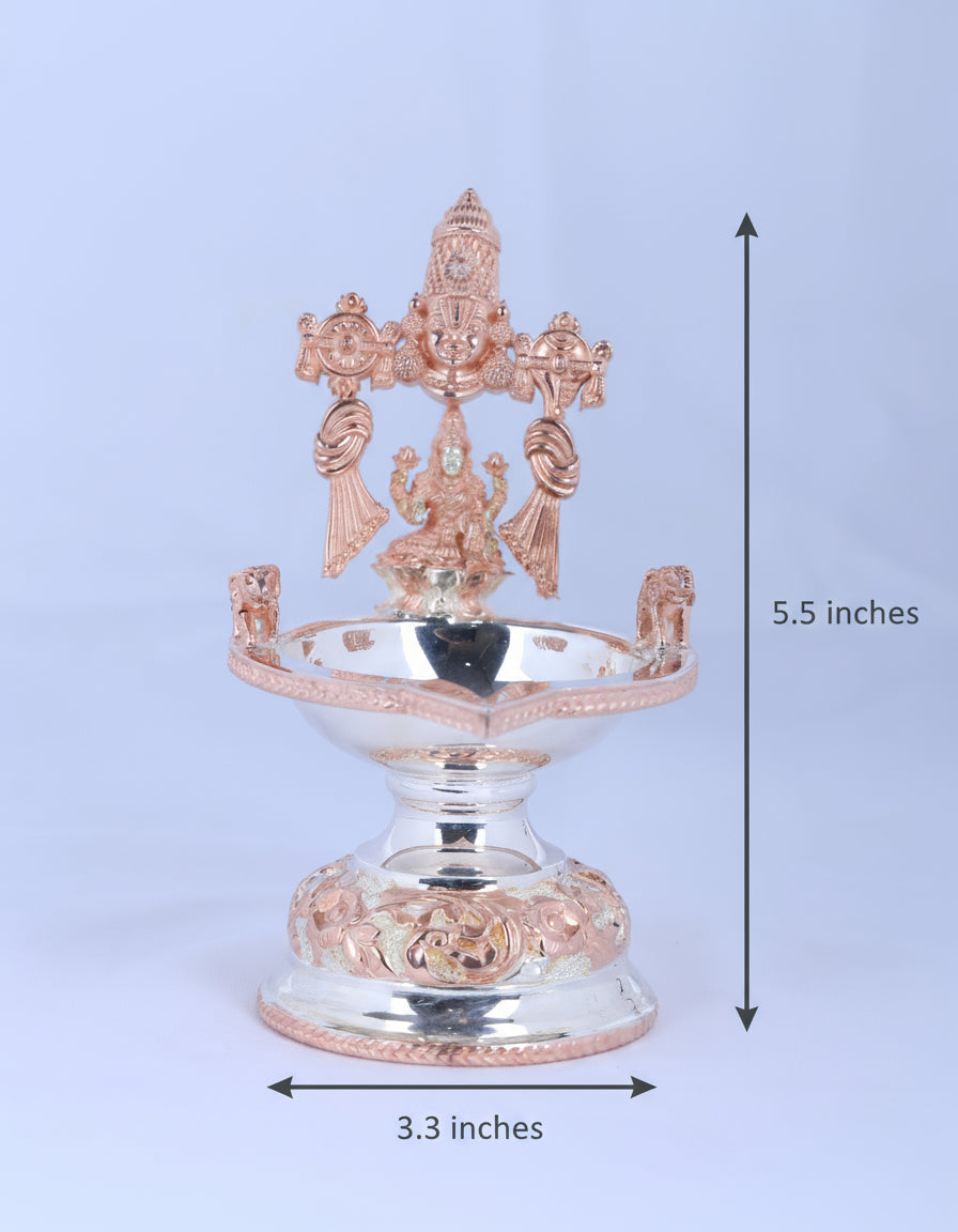 Silver-toned Lakshmi diya, 5.5 in tall; 3.3 in wide, round oil bowl on pedestal