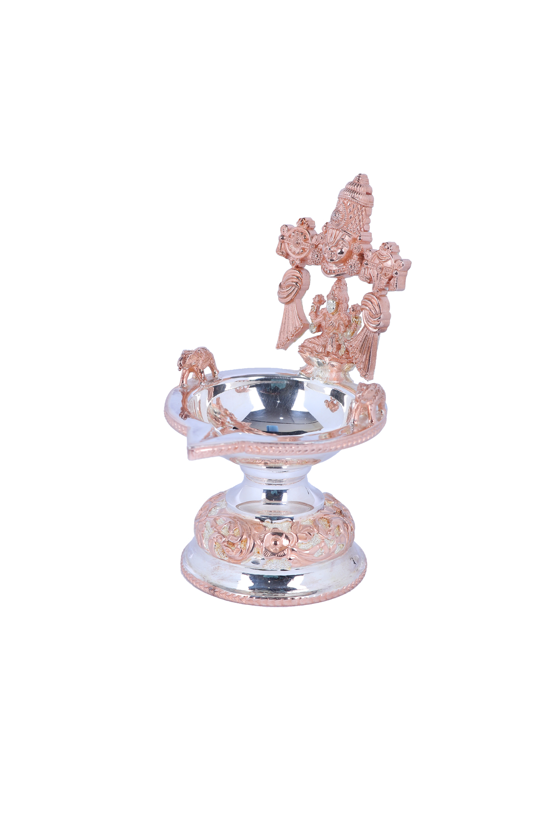 Silver-toned Lakshmi diya with prabhavali, round oil bowl and pedestal base