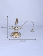 925 silver panch aarti diya with peacock motif, five lamp bowls, tall finial and arched stand