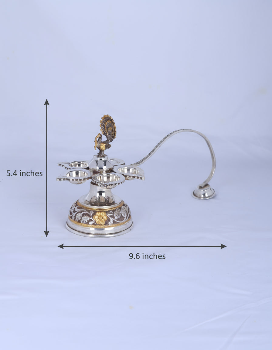 925 silver panch aarti diya with peacock motif, five lamp bowls, tall finial and arched stand