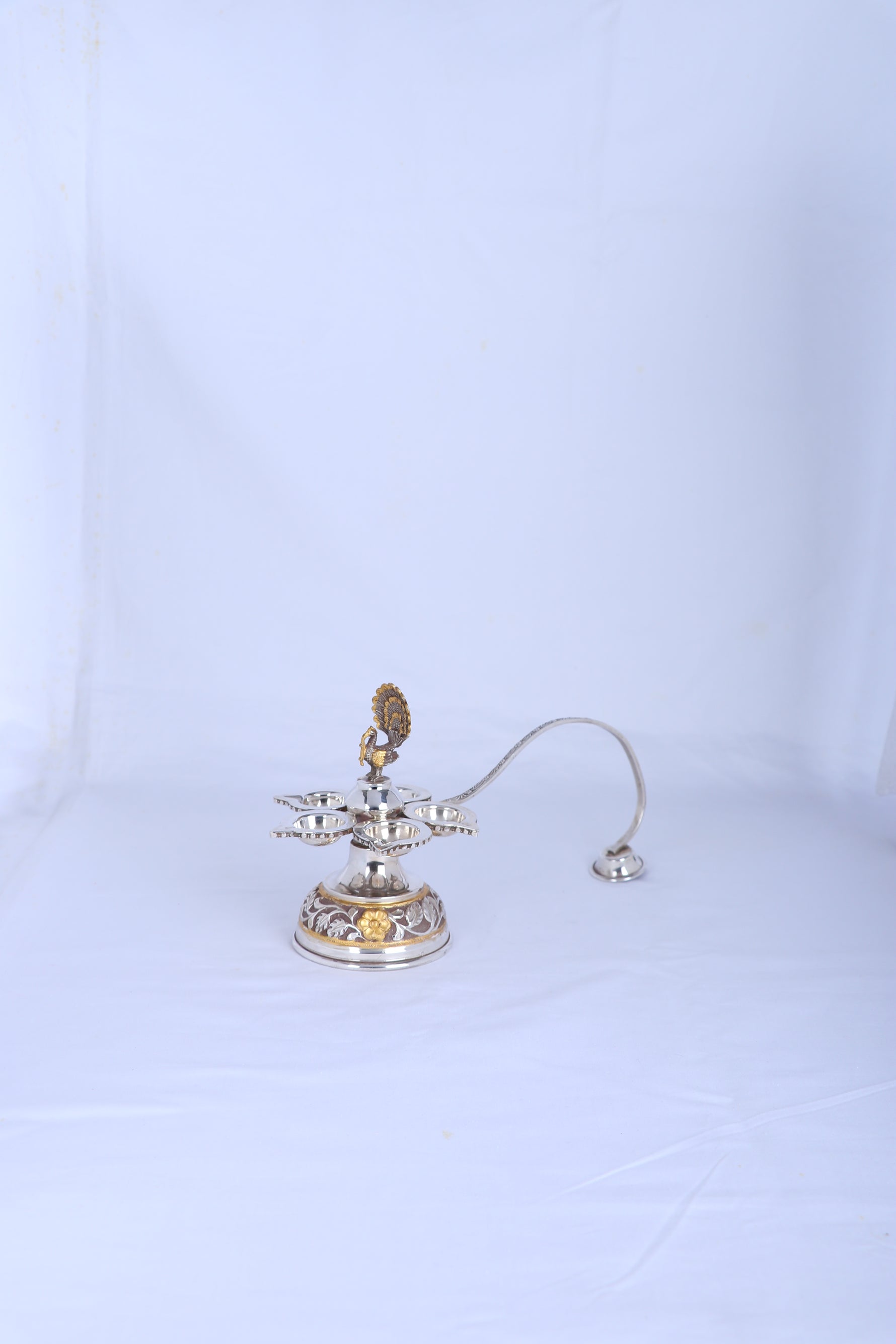 925 silver panch aarti diya set with peacock motif, five lamp bowls and central finial