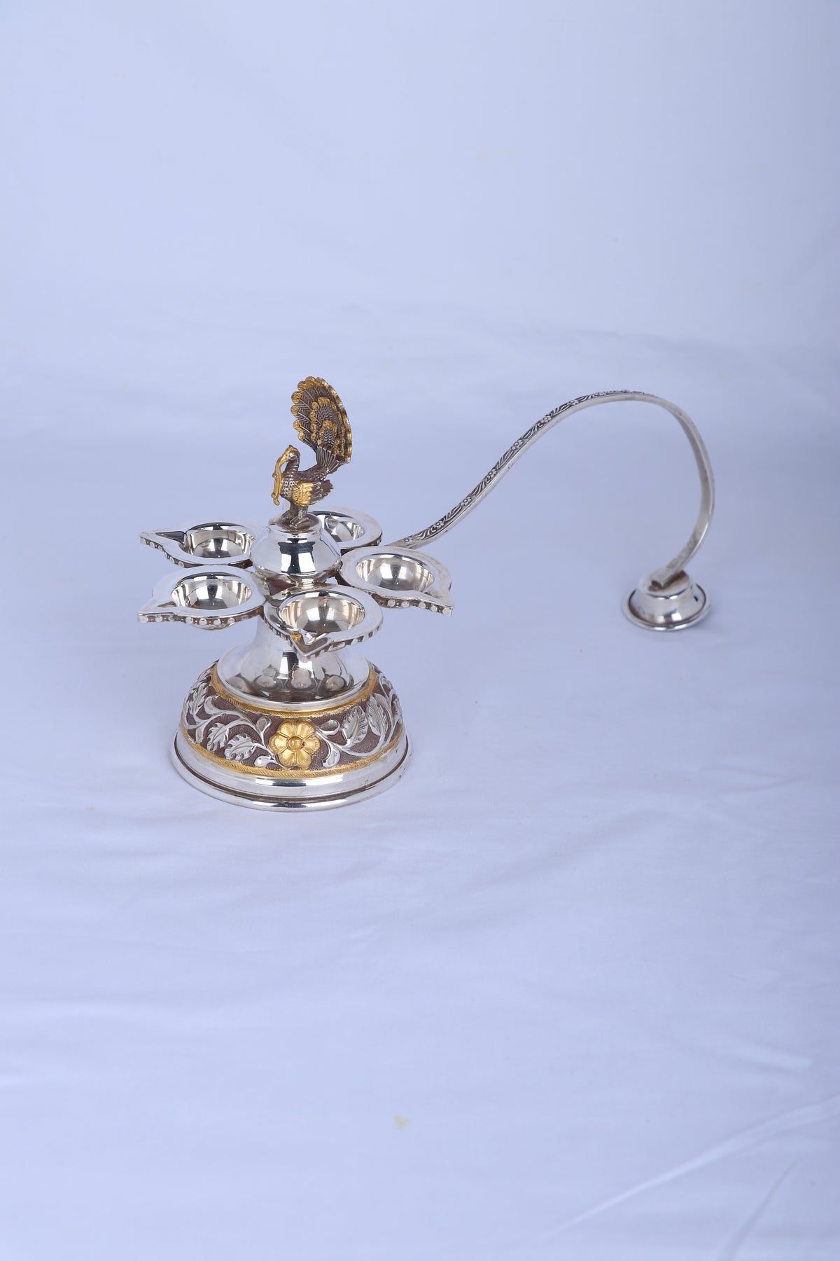 925 silver panch aarti diya with peacock motif, five lamp bowls on ornate round base