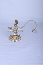 925 silver panch aarti diya with peacock motif, five lamp bowls on ornate round base