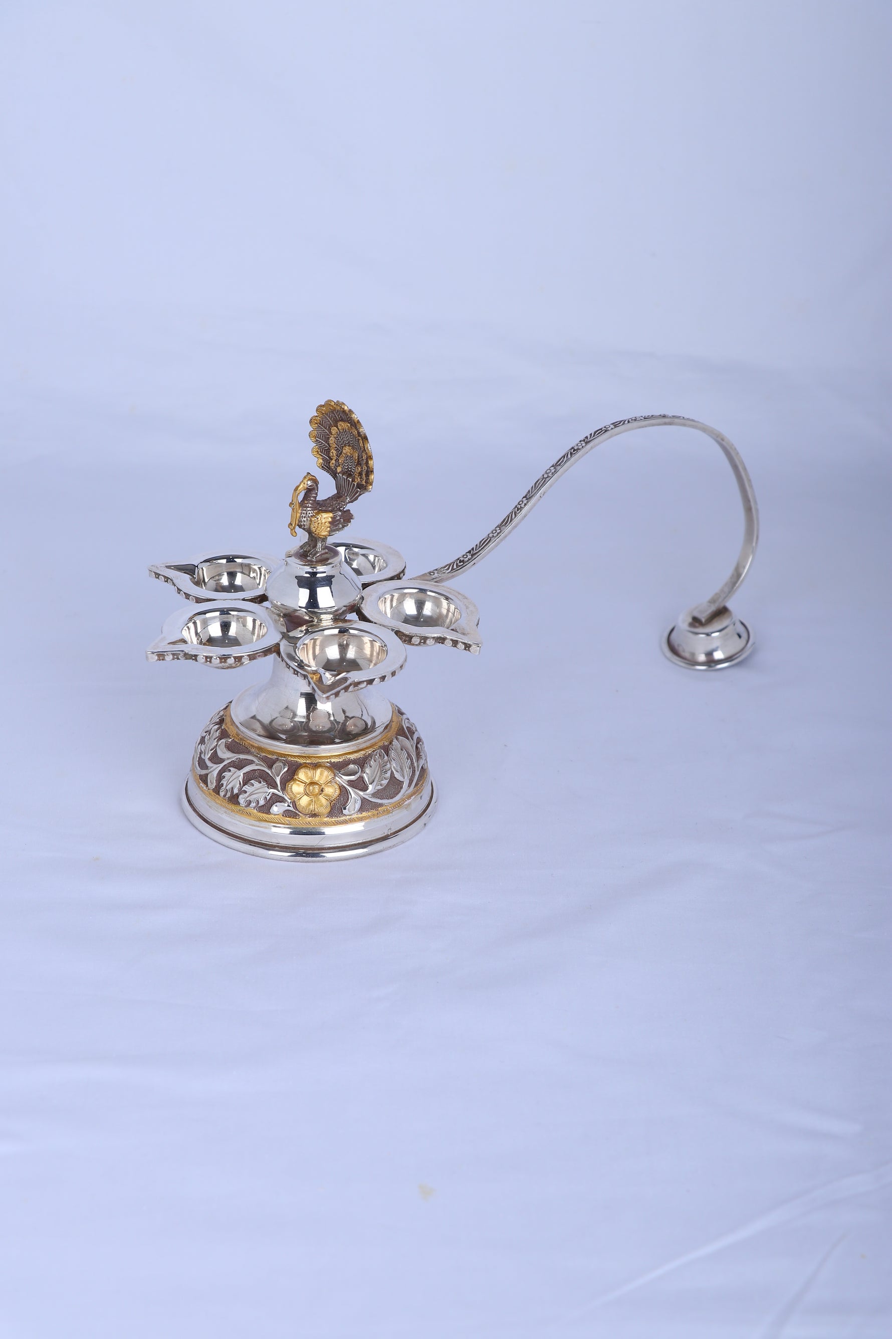925 silver panch aarti diya with peacock motif, five lamp bowls on ornate round base