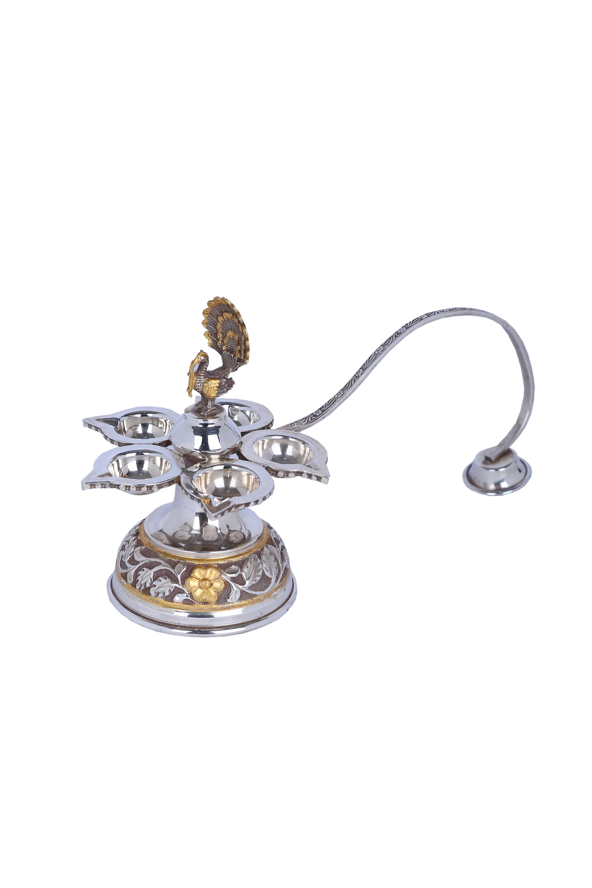 925 silver panch aarti diya with peacock motif, five small lamp bowls on round base