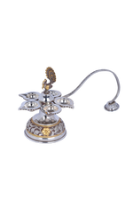 925 silver panch aarti diya with peacock motif, five small lamp bowls on round base