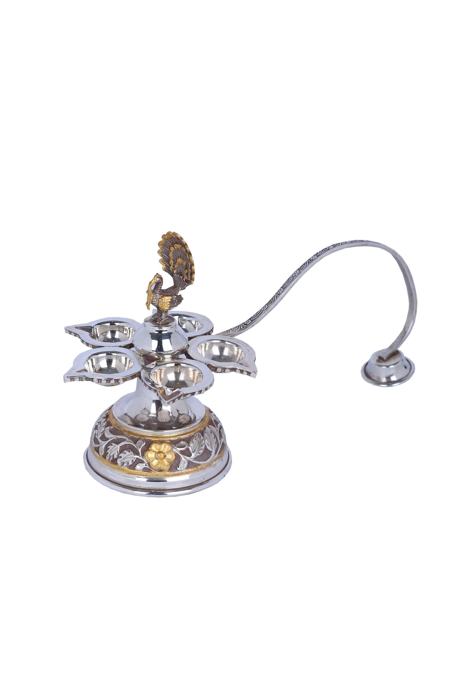 925 silver panch aarti diya with peacock motif, five small lamp bowls on round base
