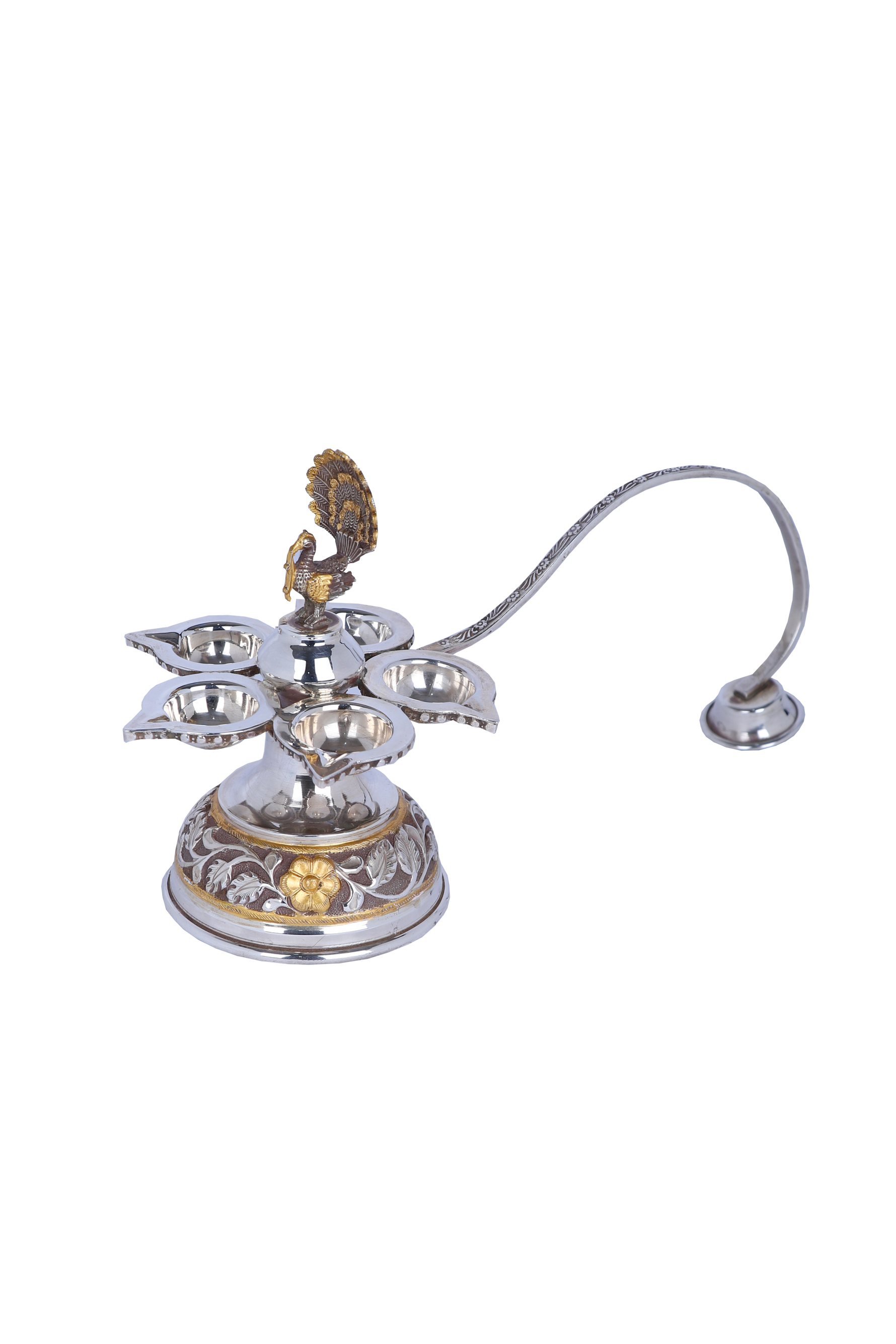 925 silver panch aarti diya with peacock motif, five small lamp bowls on round base