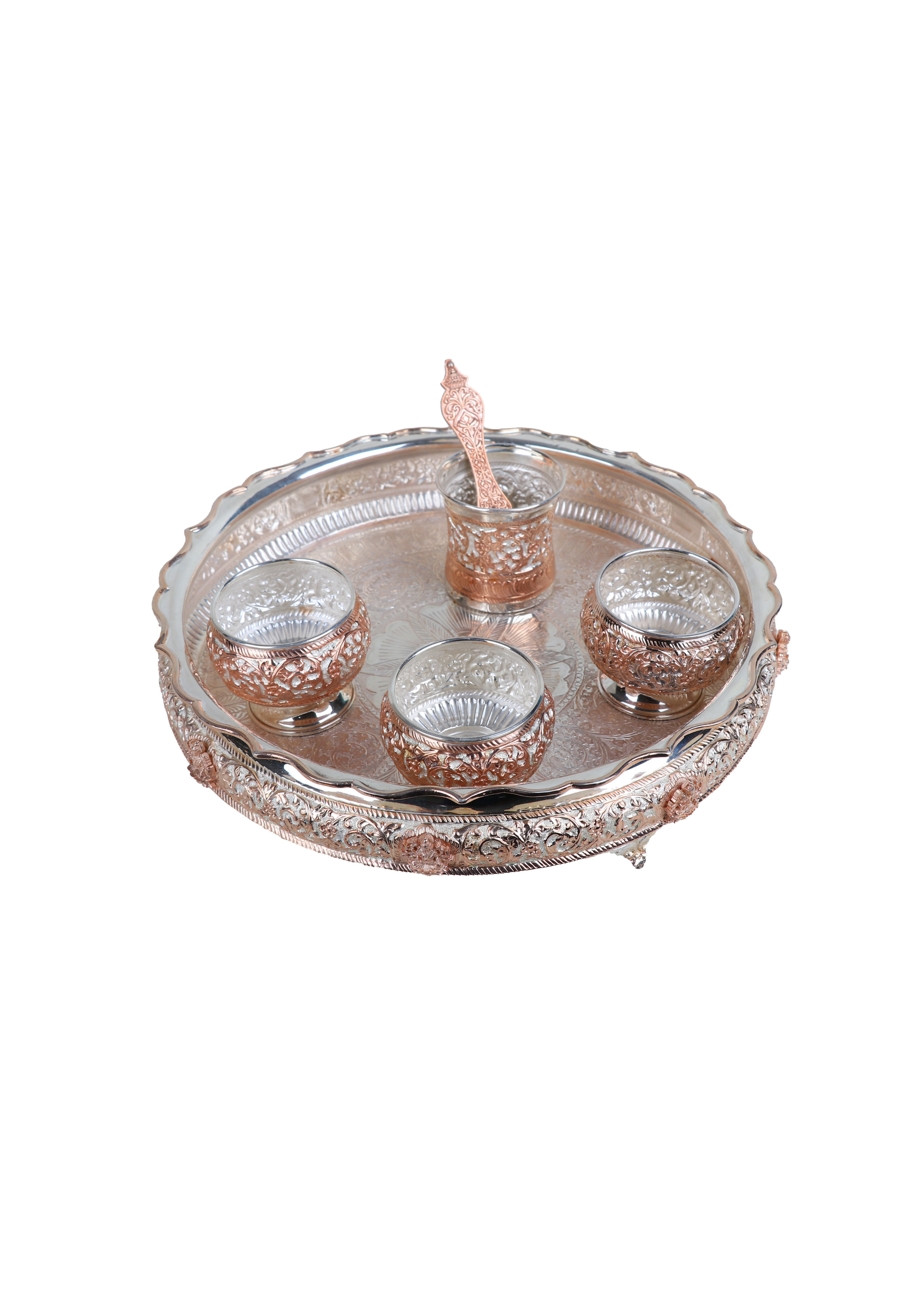 Silver-tone pooja thali with five small cups and a center raised holder