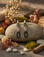 Pure silver chain-link earrings for women featuring black enamel and crystal-studded detailing.
