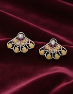 Pure silver fan-shaped earrings for women featuring champagne-coloured stones and yellow teardrop accents.