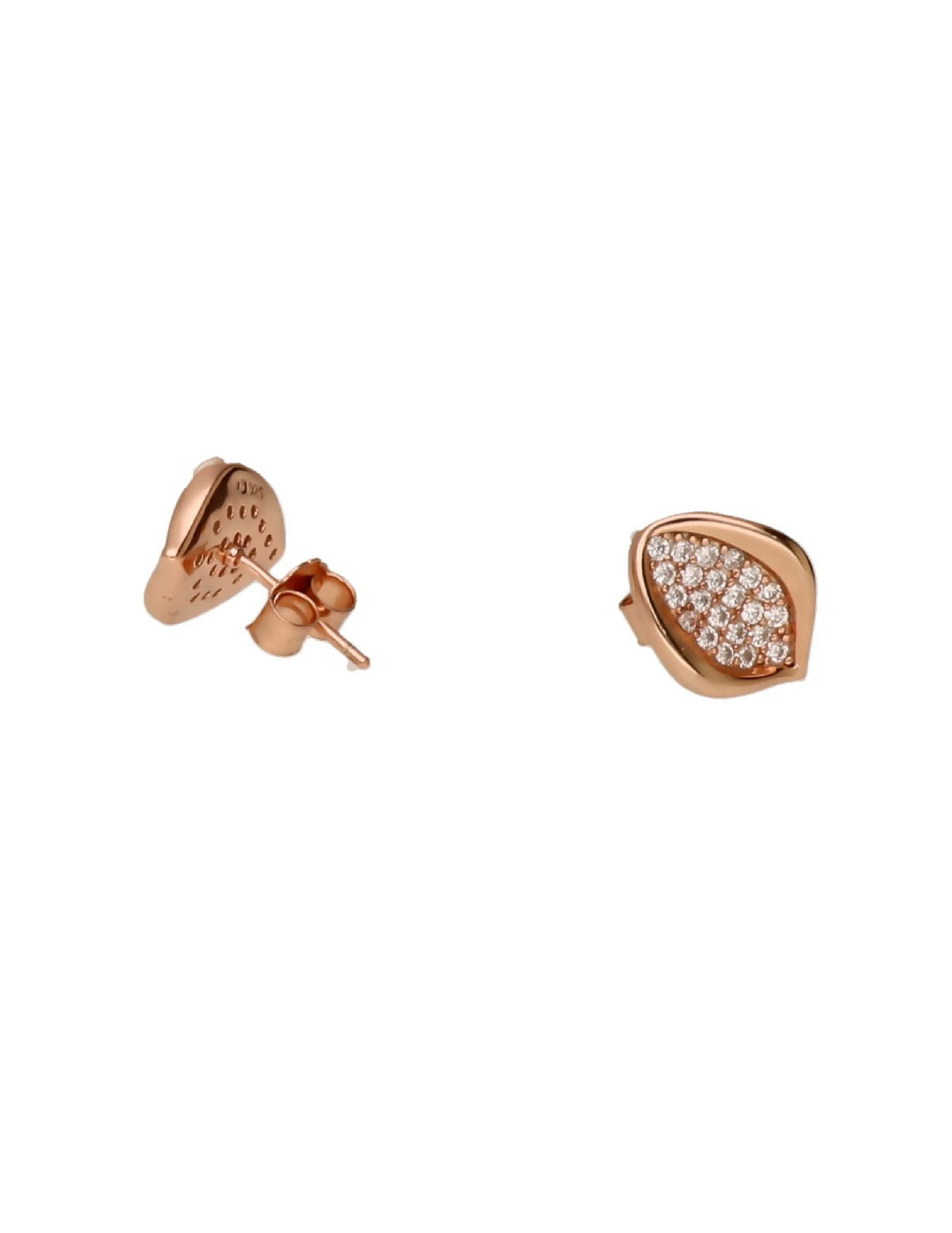 Pure silver leaf-shaped stud earrings for women featuring clear crystals and a polished rose-gold finish.