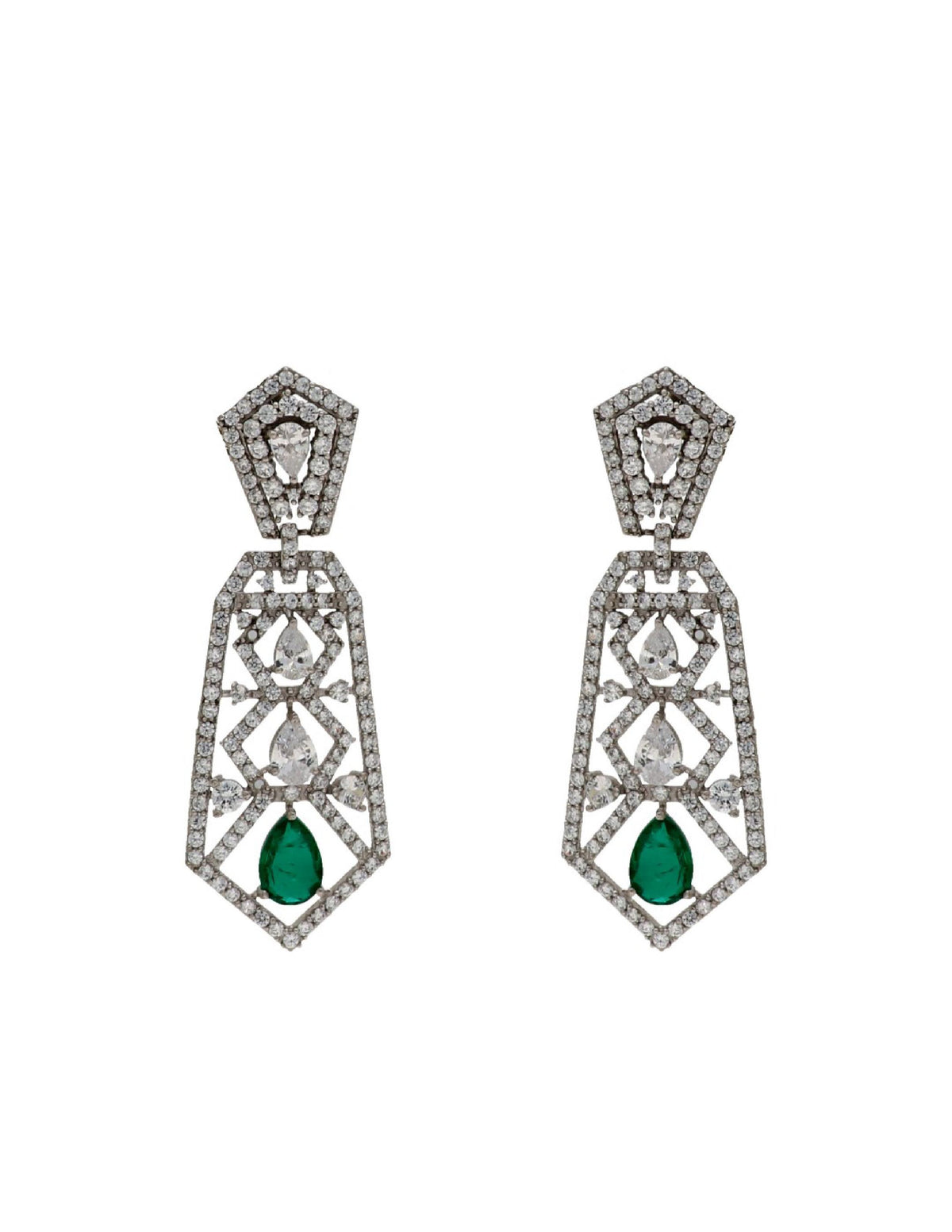 Pure silver long earrings for women featuring geometric openwork, clear crystals and green teardrop stones.