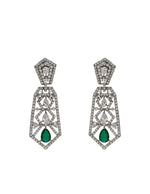 Pure silver long earrings for women featuring geometric openwork, clear crystals and green teardrop stones.