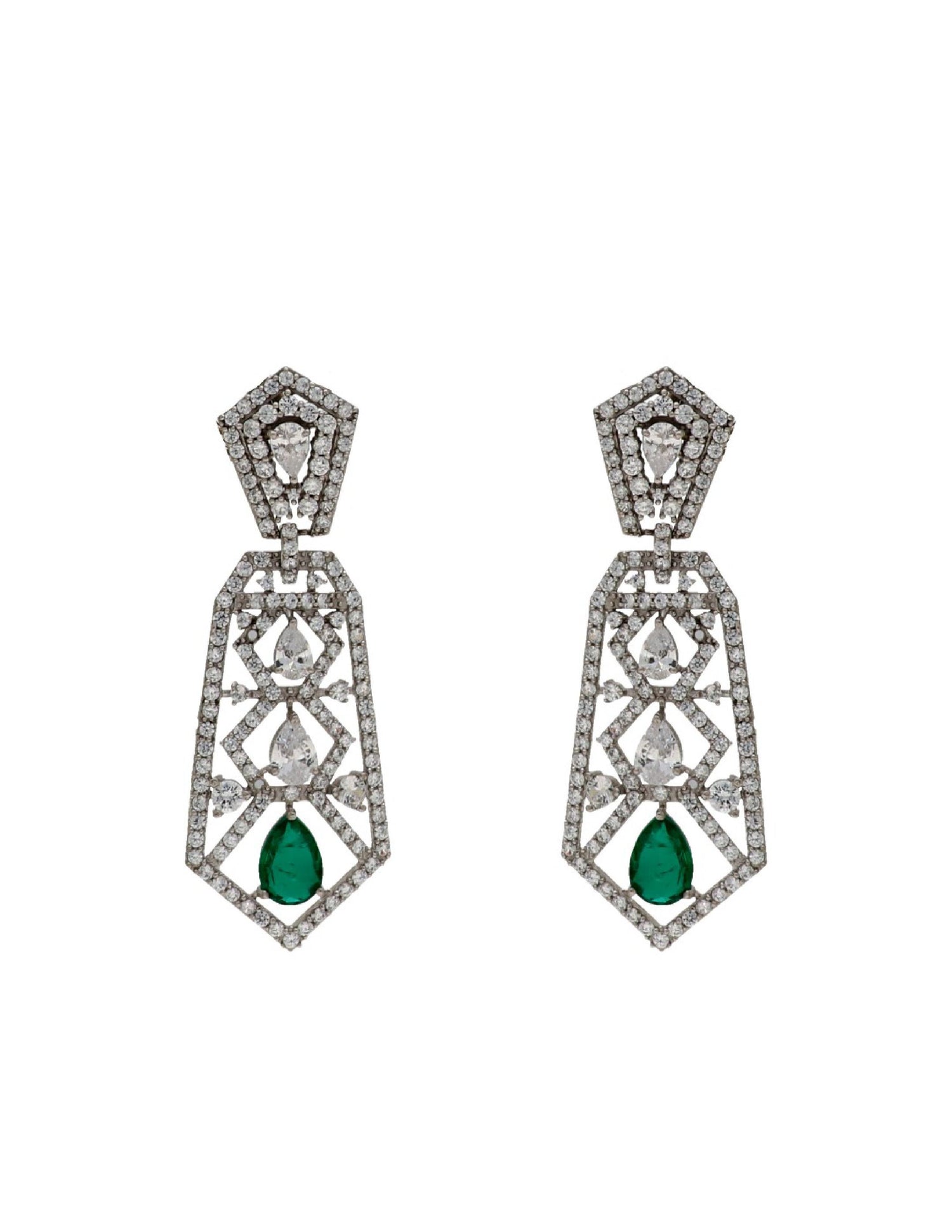 Pure silver long earrings for women featuring geometric openwork, clear crystals and green teardrop stones.