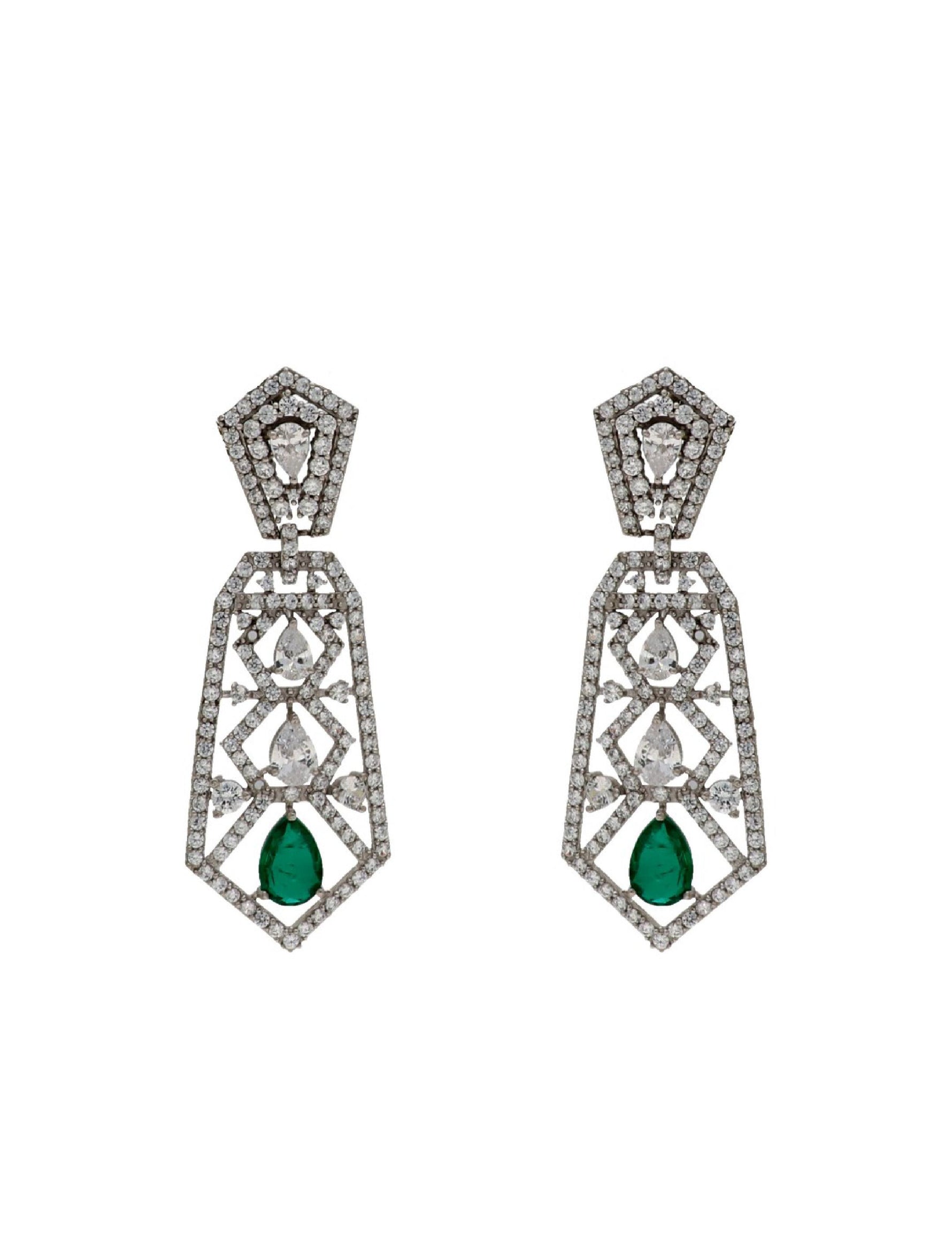 Pure silver long earrings for women featuring geometric openwork, clear crystals and green teardrop stones.