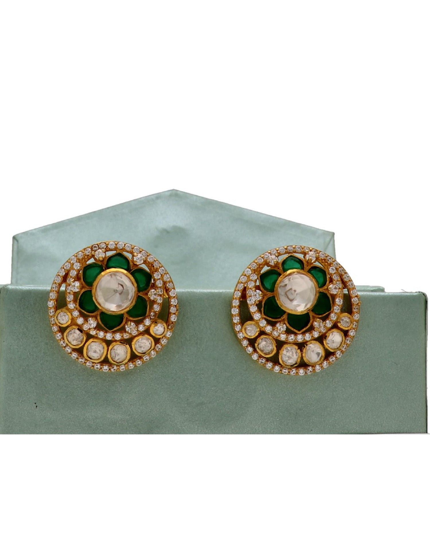 Pure silver round earrings for women featuring green enamel petals and a crystal-studded border.