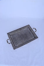 Rectangular silver tray with geometric engraving and two side handles