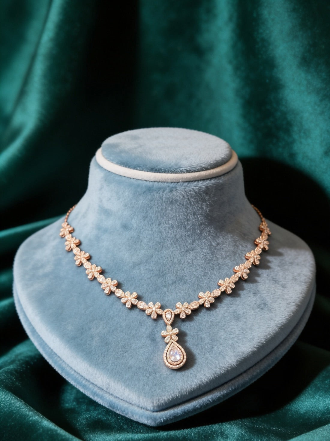 Pure Silver Floral Drop Necklace with Diamond Finish Elegance