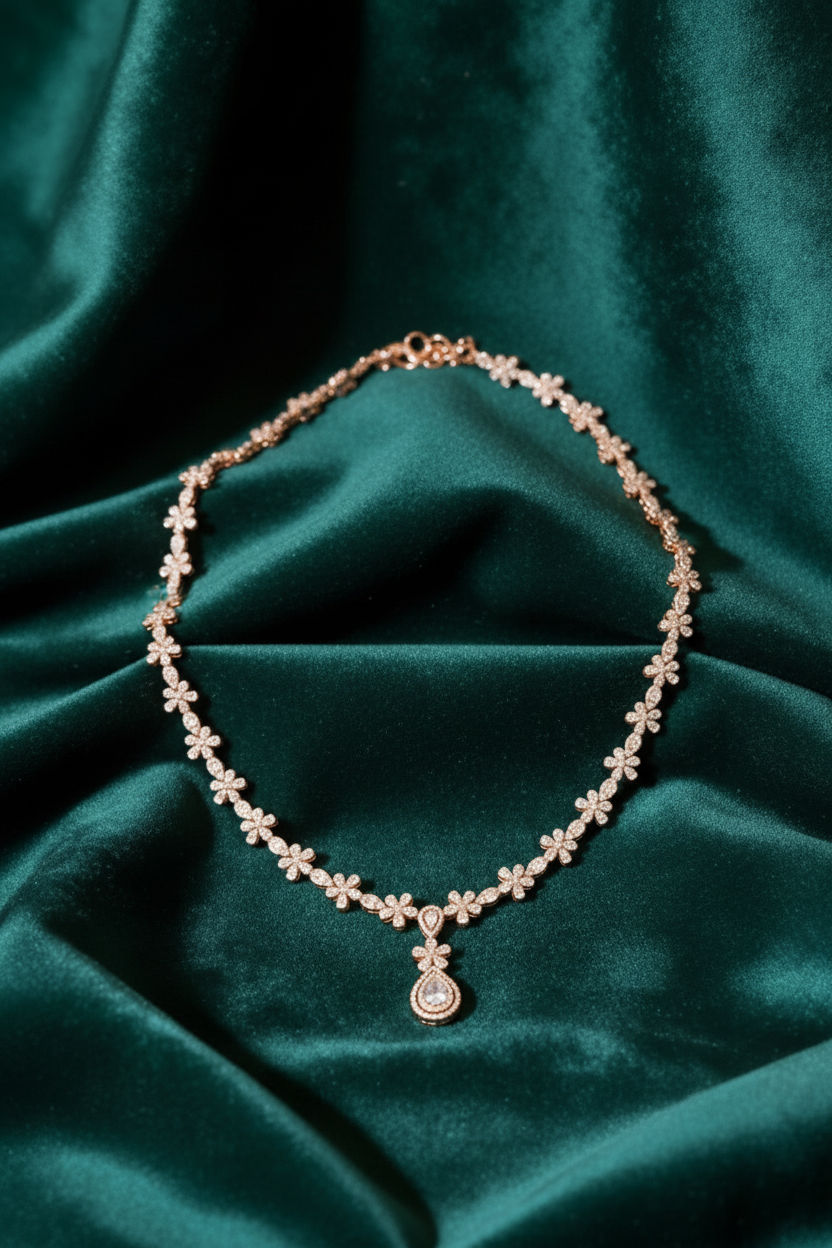 Pure Silver Floral Drop Necklace with Diamond Finish Elegance-SJNS-176156